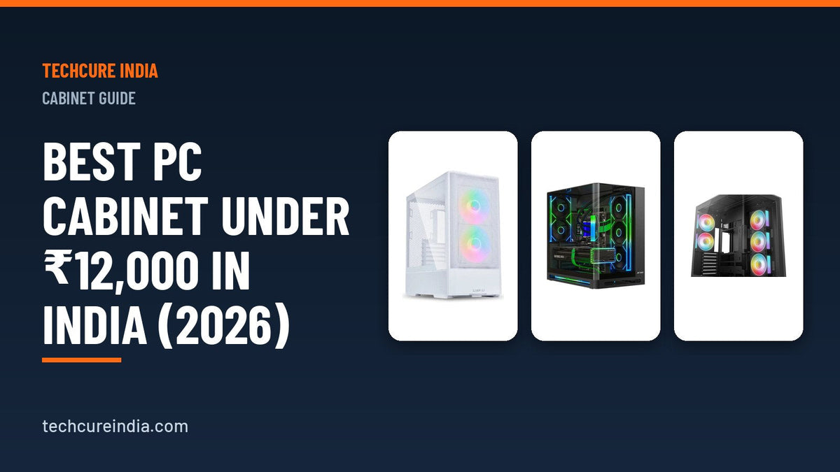Three PC cabinets with tempered glass and RGB fans shown on a dark blue background for a cabinet buying – TechCure India