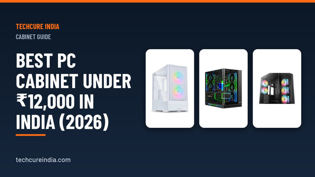 Three PC cabinets with tempered glass and RGB fans shown on a dark blue background for a cabinet buying – TechCure India