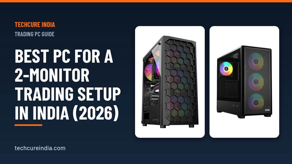 Two mid-tower gaming PC cases with RGB fans shown side by side for a dual-monitor trading workstation – TechCure India