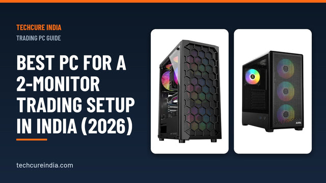 Two mid-tower gaming PC cases with RGB fans shown side by side for a dual-monitor trading workstation – TechCure India