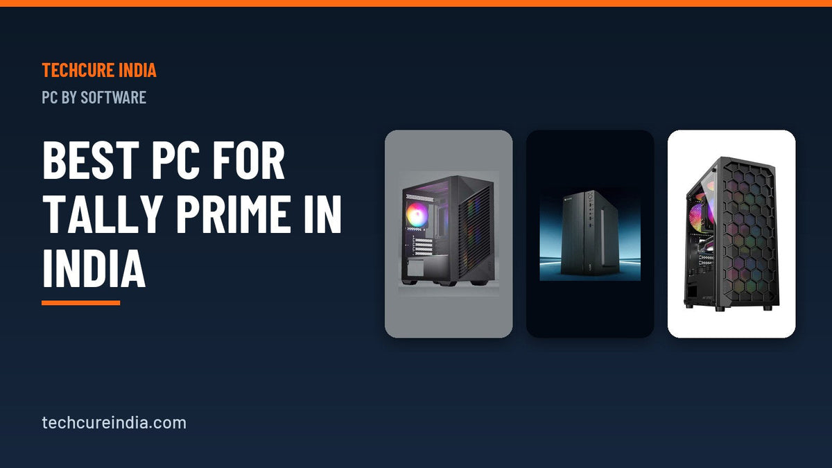 Three desktop PC towers displayed against a dark blue background for Tally Prime-ready office computers – TechCure India