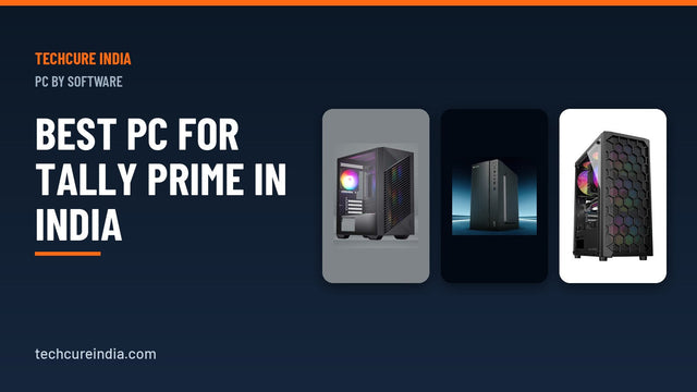 Three desktop PC towers displayed against a dark blue background for Tally Prime-ready office computers – TechCure India
