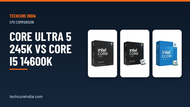 Three Intel CPU retail boxes including Core Ultra 5 and Core i5 boxes on a dark blue background for a CPU – TechCure India