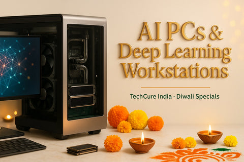 Open-frame desktop workstation with monitor, keyboard and Diwali lamps and marigolds – TechCure India