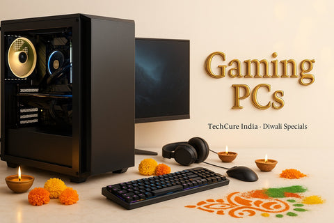 Gaming PC desktop tower with RGB CPU cooler, monitor, keyboard, mouse and headphones on festive – TechCure India