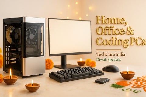 Compact silver PC case, monitor, mechanical keyboard and mouse on festive table – TechCure India