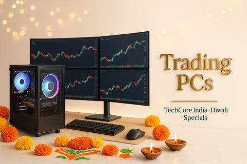 Compact trading PC tower with quad-monitor stock charts, keyboard, mouse and Diwali marigold decorations – TechCure India