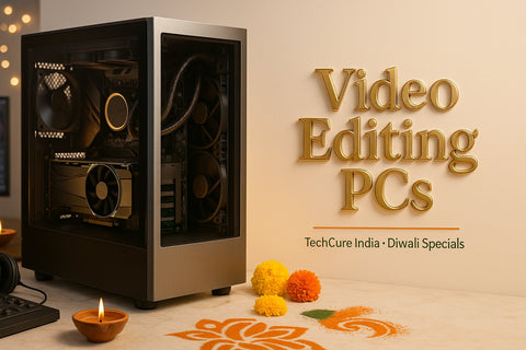 Mid-tower desktop PC with tempered glass side panel beside Diwali rangoli and marigold flowers for video – TechCure India
