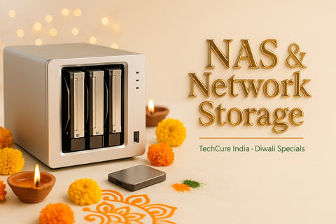 Four-bay NAS enclosure with three installed drives on a festive Diwali-decorated tabletop – TechCure India