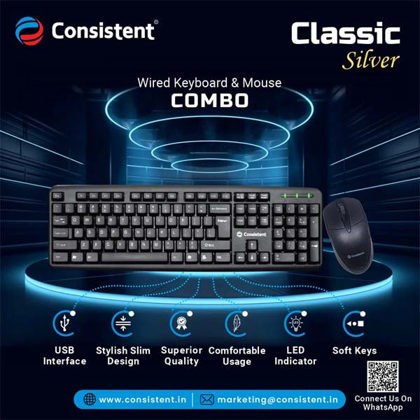 Consistent Classic Silver Wired Keyboard & Mouse (SK101) for Windows, USB Plug-and-Play, Full-Size, Spill-Resistant, Curved Space Bar (Black) – TechCure India