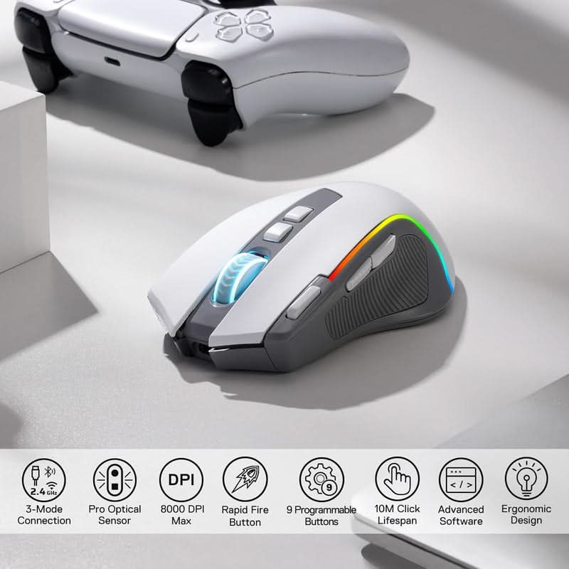Redragon Predator Pro M612 PRO - RGB Wired, Wireless and Bluetooth Mouse (White and Grey) – TechCure India
