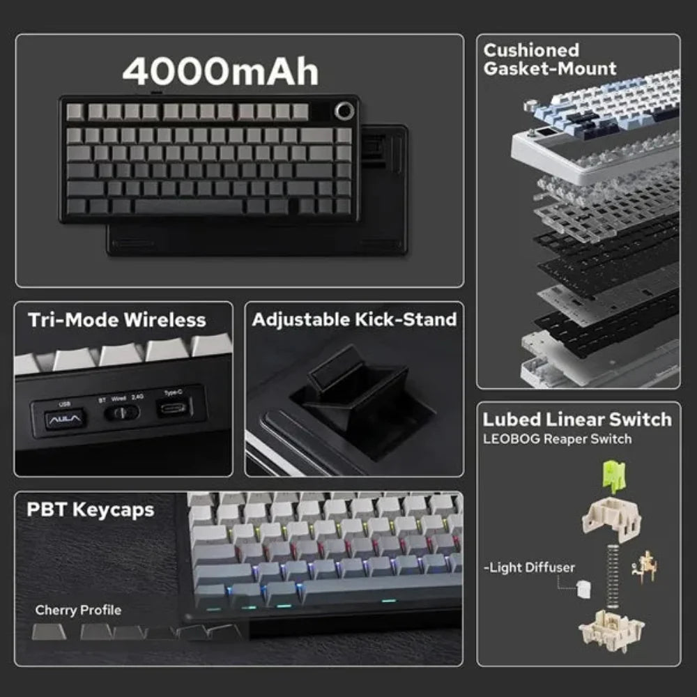 AULA F75 MAX 75% RGB Mechanical Wireless Gaming Keyboard ( Gradient Gray ) ( F75MaxGrR) ( Reaper Switch ) - 3