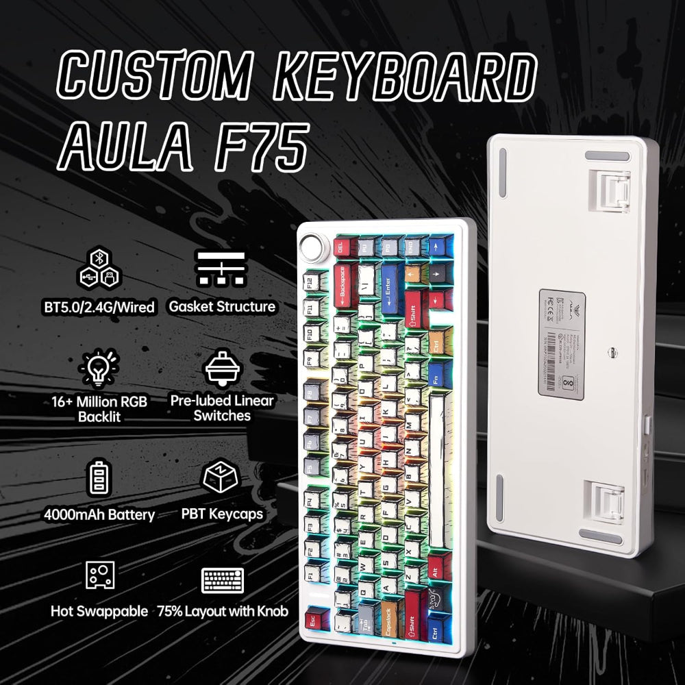 AULA F75 75% RGB Tri Mode Wireless Mechanical Gaming Keyboard ( Comic Keycap-Reaper Switch ) – TechCure India