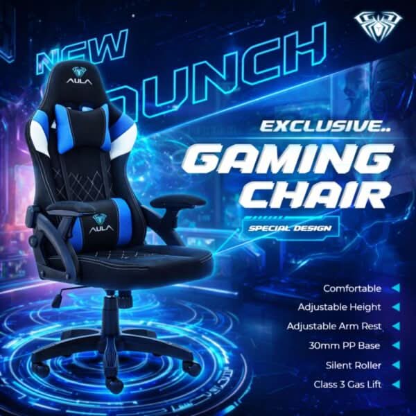 AULA F016 Ergonomic Premium Gaming & Computer Chair | Adjustable Nylon Armrests With Soft Pad | Locking-Tilt Function, Gas Lift Function | Black+Blue (F016BU) – TechCure India
