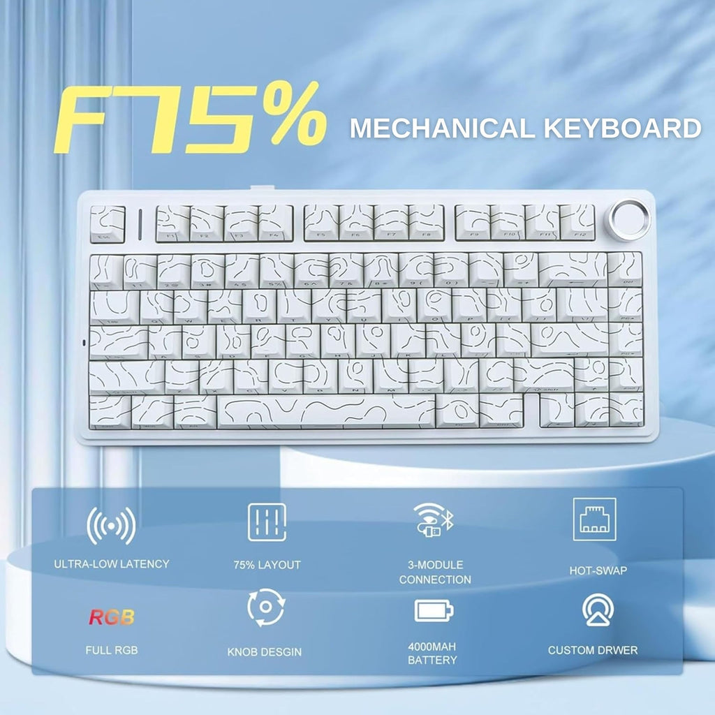 AULA F75 75% SIDE ENGRAVED TRI MODE TKL 80 KEYS WIRELESS MECHANICAL GAMING KEYBOARD WITH KNOB | 4000MAH BATTERY, SOUTH-FACING RGB BACKLIT PRE-LUBED HOT SWAPPABLE | WHITE CONTOUR - STAR VECTOR SWITCHES – TechCure India