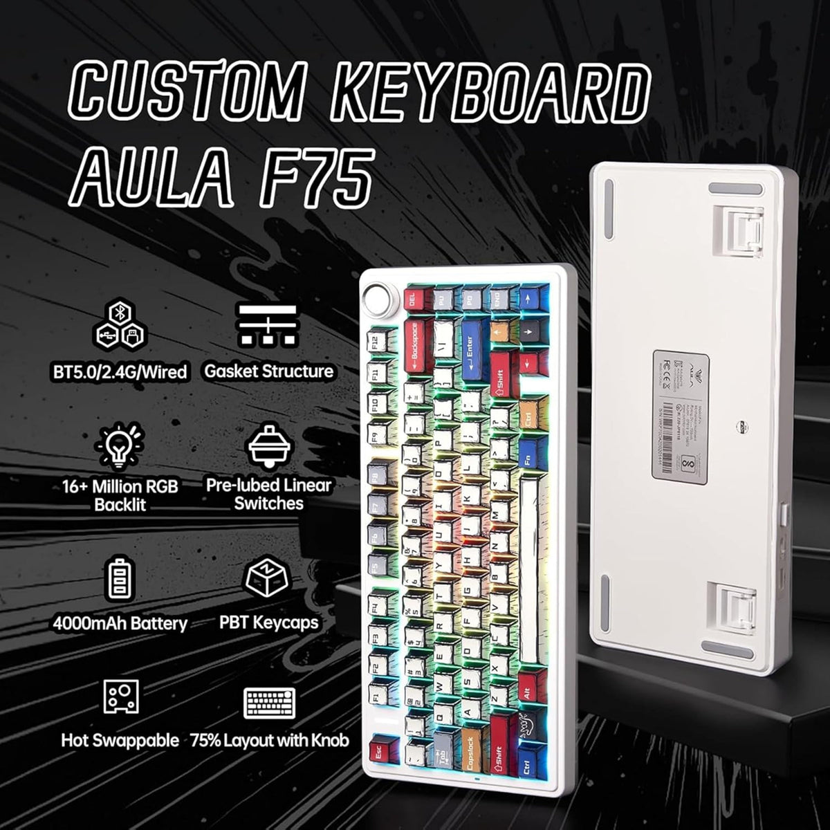 AULA F75 75% WIRELESS RGB BACKLIT TRI-MODE GAMING MECHANICAL KEYBOARD WITH KNOB | 80 KEYS COMPACT KEYBOARD, PRE-LUBED GASKET HOT-SWAPPABLE | BLUETOOTH/2.4GHZ/TYPE-C | COMIC KEYCAP - REAPER SWITCHES – TechCure India