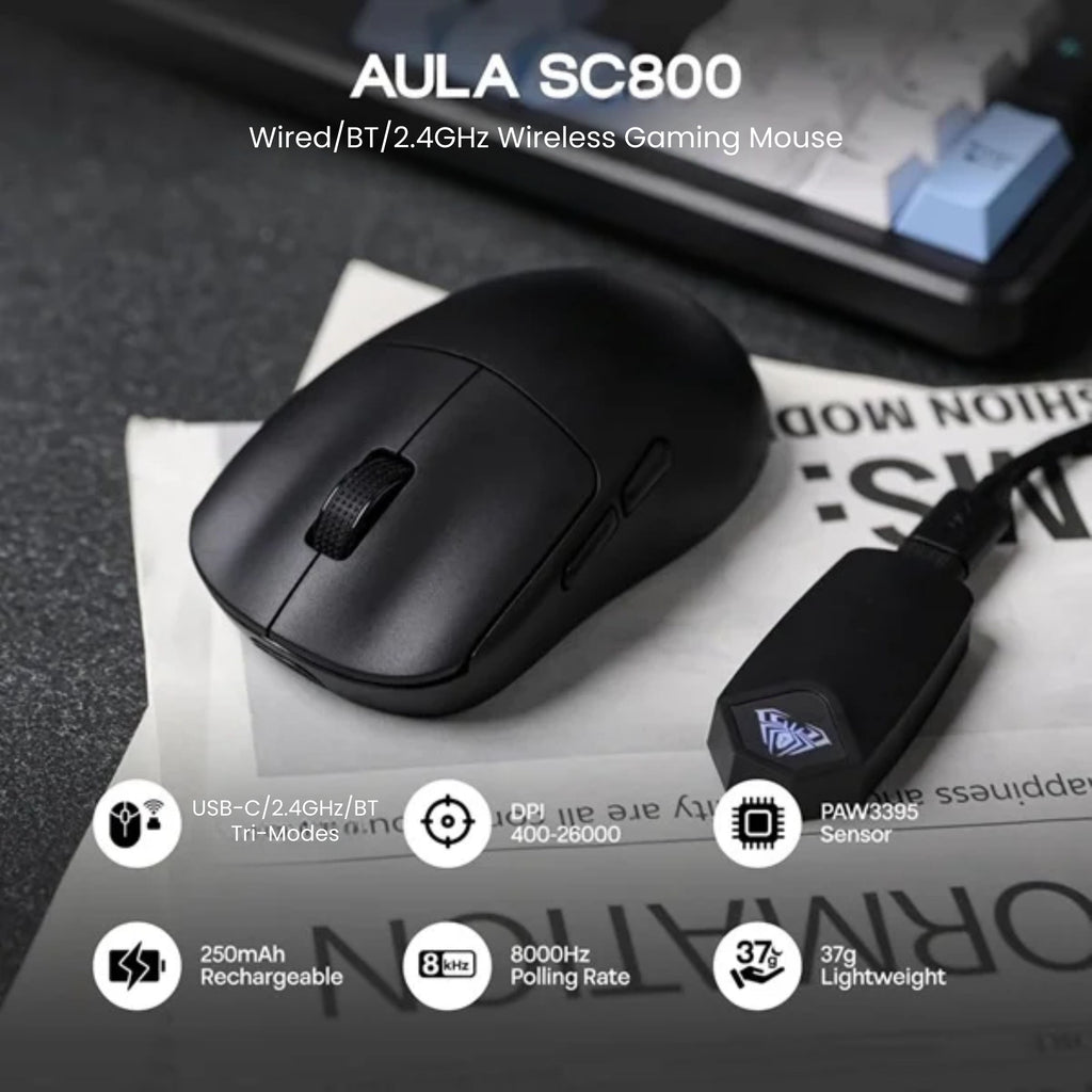 AULA SC800 TRI-MODE WIRELESS 2.4G/WIRED/BLUETOOTH ULTRA-LIGHTWEIGHT GAMING MOUSE | 37GRAMS, ADJUSTABLE 26000 DPI, PAW3395 SENSOR, 8000 POLLING RATE, ULTRA-PRECISE & DURABLE FOR GAMING | BLACK (SC800B) – TechCure India