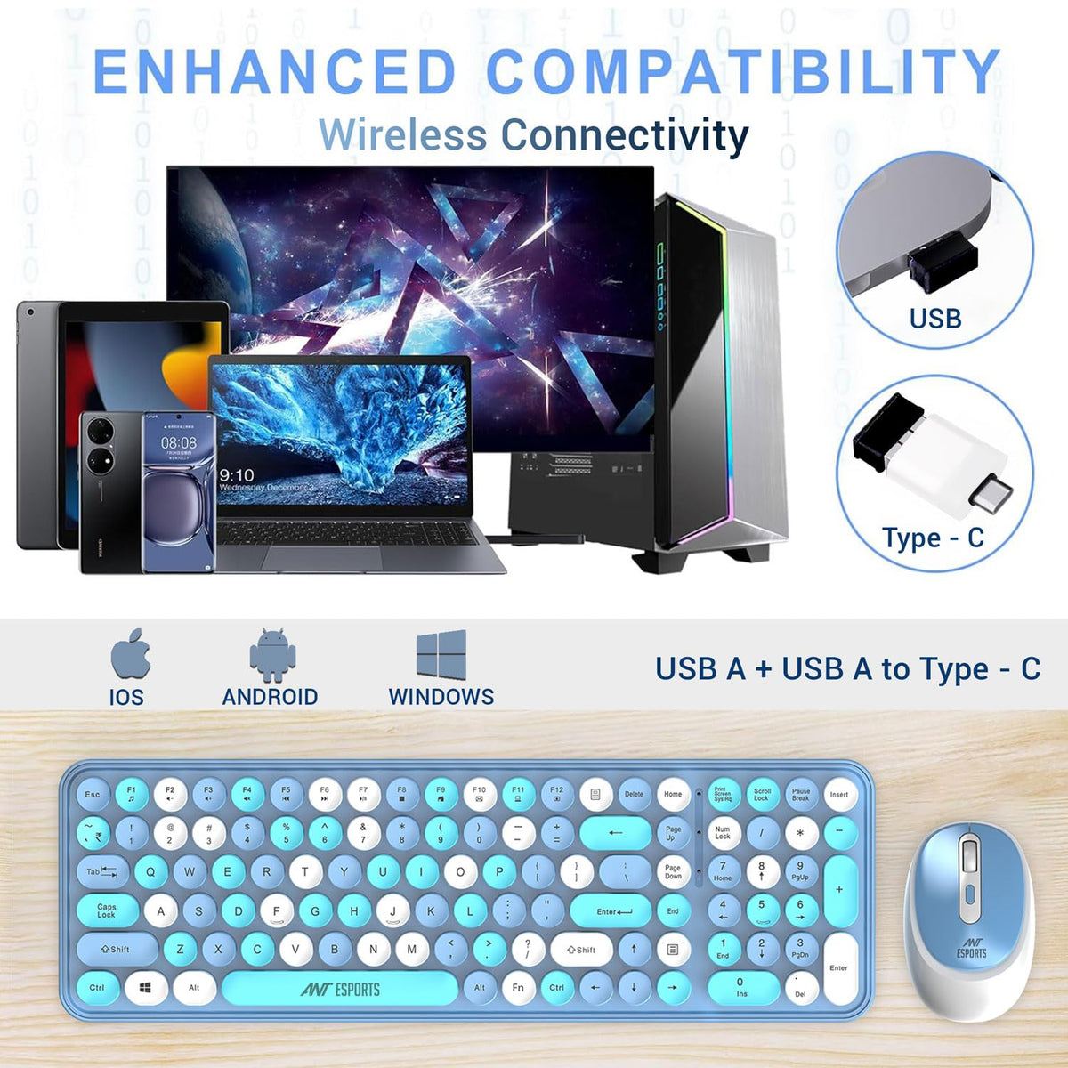 ANT ESPORTS WKM44 WIRELESS RETRO KEYBOARD AND MOUSE COMBO (BLUE GRAY) – TechCure India