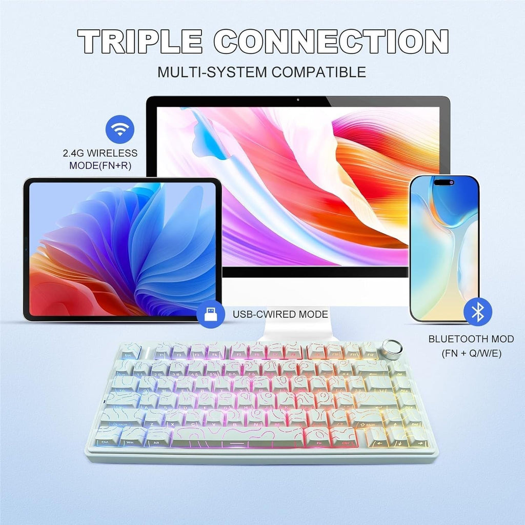 AULA F75 75% SIDE ENGRAVED TRI MODE TKL 80 KEYS WIRELESS MECHANICAL GAMING KEYBOARD WITH KNOB | 4000MAH BATTERY, SOUTH-FACING RGB BACKLIT PRE-LUBED HOT SWAPPABLE | WHITE CONTOUR - STAR VECTOR SWITCHES – TechCure India