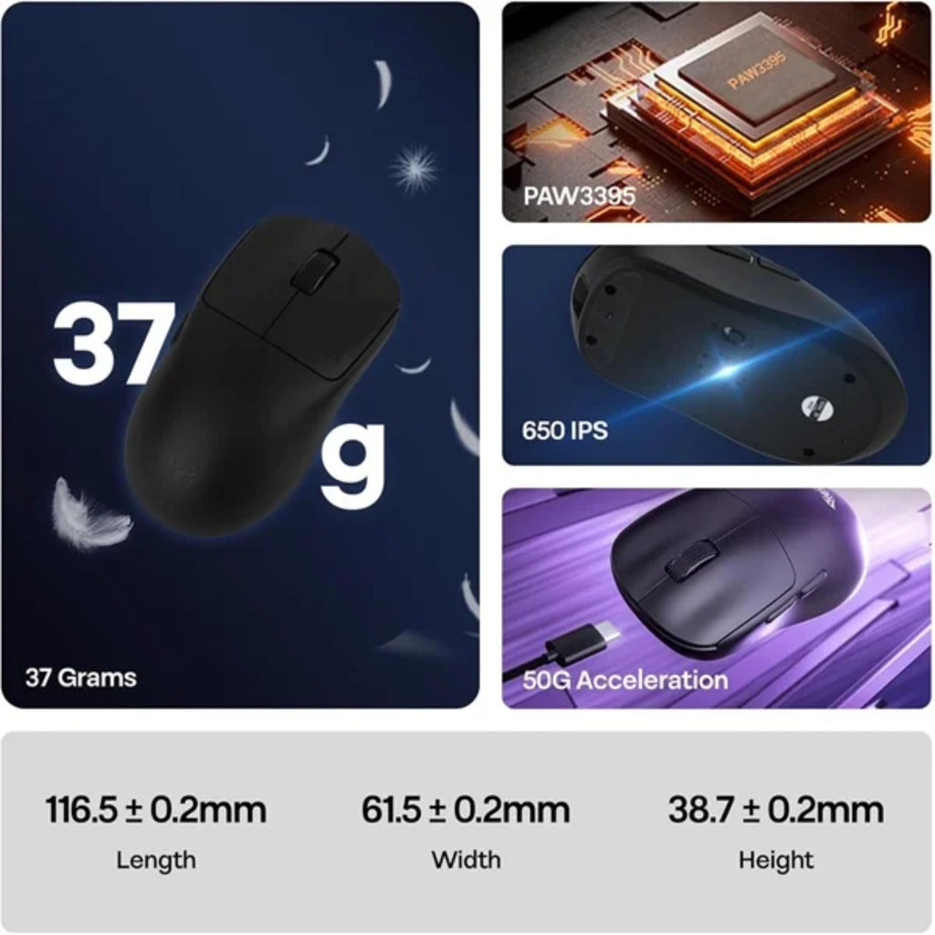 AULA SC800 TRI-MODE WIRELESS 2.4G/WIRED/BLUETOOTH ULTRA-LIGHTWEIGHT GAMING MOUSE | 37GRAMS, ADJUSTABLE 26000 DPI, PAW3395 SENSOR, 8000 POLLING RATE, ULTRA-PRECISE & DURABLE FOR GAMING | BLACK (SC800B) – TechCure India
