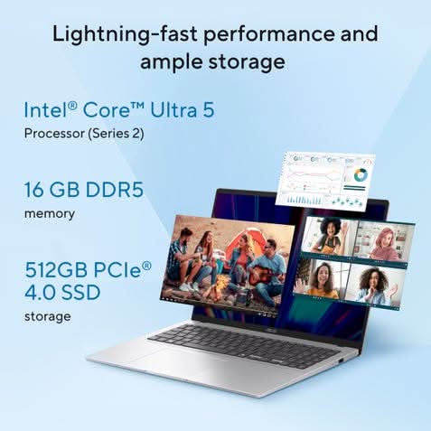 ASUS Vivobook 16 X1607CA-MB350WS, Intel Core Ultra 5 225H, 16GB RAM, 512GB SSD, Intel Graphics, 16 inch FHD+, Windows 11 Home, Office Home 2024, M365 Basic-1 Year Validity, AI Powered Light Weight Laptop, 1 Year(s) Warranty, Silver – TechCure India