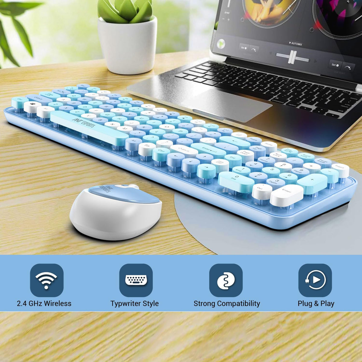 ANT ESPORTS WKM44 WIRELESS RETRO KEYBOARD AND MOUSE COMBO (BLUE GRAY) – TechCure India