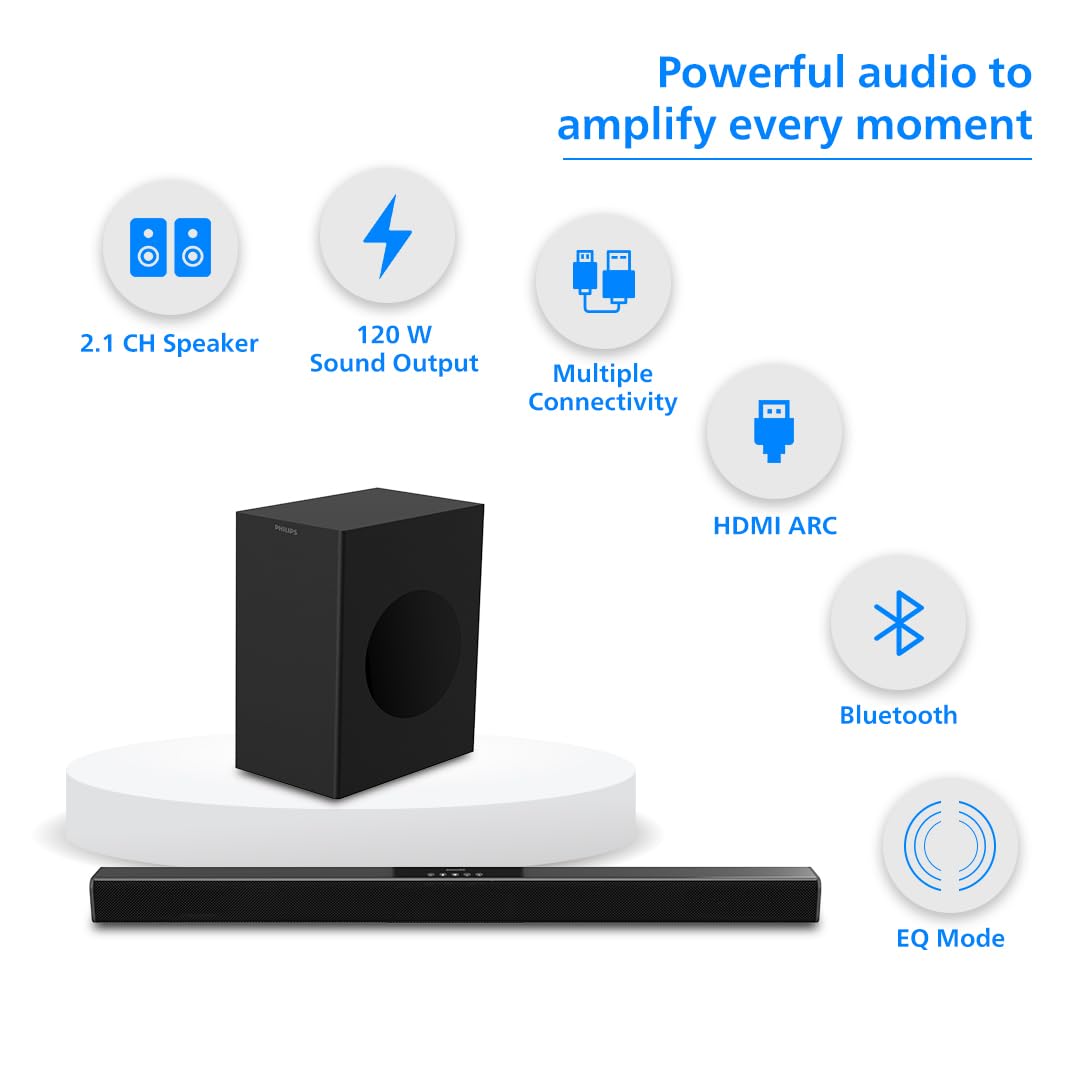 PHILIPS AUDIO TAB4218/94 2.1CH 120W BLUETOOTH SOUNDBAR WITH RICH BASS, 3 EQ MODES, MULTI-CONNECTIVITY OPTION WITH SUPPORTING USB, HDMI(ARC), OPTICAL, COAXIAL & AUX-IN (BLACK) – TechCure India