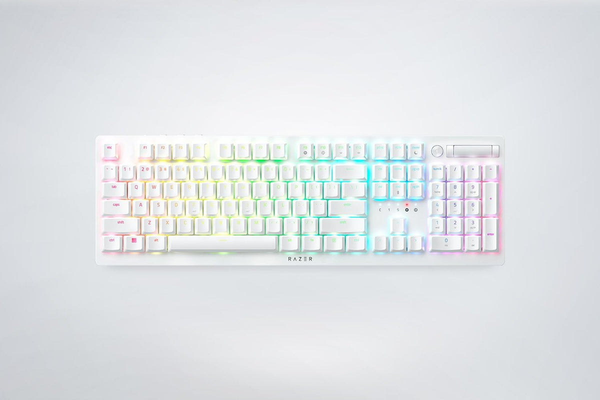 RAZER DEATHSTALKER V2 PRO - WIRELESS LOW PROFILE OPTICAL GAMING KEYBOARD (CLICKY PURPLE SWITCH) - WHITE RZ03-04363500-R3M1 – TechCure India