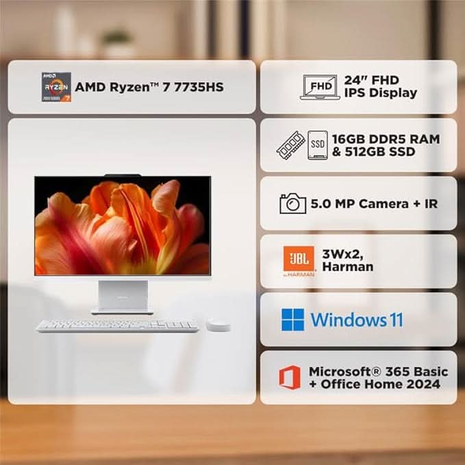 Lenovo Ideacentre AIO AMD Ryzen 7 7735HS 23.8" FHD IPS All-In-One Desktop(16GB RAM/512GB SSD/Win11/Microsoft 365 Basic + Office Home 2024/3Wx2 Speakers/5MP Camera/Wireless Keyboard & Mouse),F0HR008YIN – TechCure India