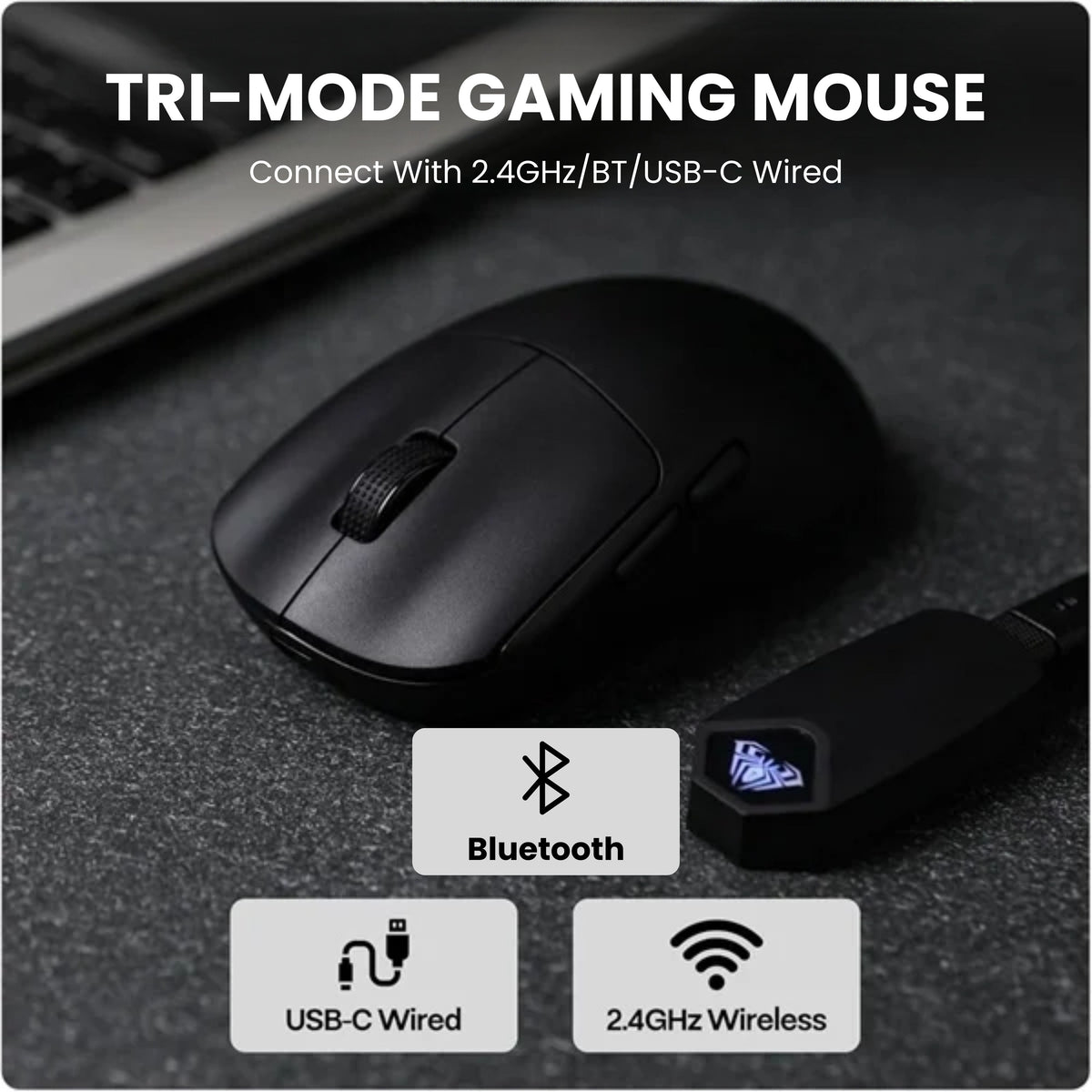 AULA SC800 TRI-MODE WIRELESS 2.4G/WIRED/BLUETOOTH ULTRA-LIGHTWEIGHT GAMING MOUSE | 37GRAMS, ADJUSTABLE 26000 DPI, PAW3395 SENSOR, 8000 POLLING RATE, ULTRA-PRECISE & DURABLE FOR GAMING | BLACK (SC800B) – TechCure India