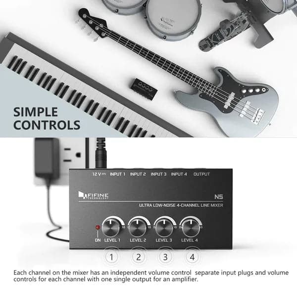 FIFINE N5 Four Channel Line Mixer With Individual Volume Controls - 2