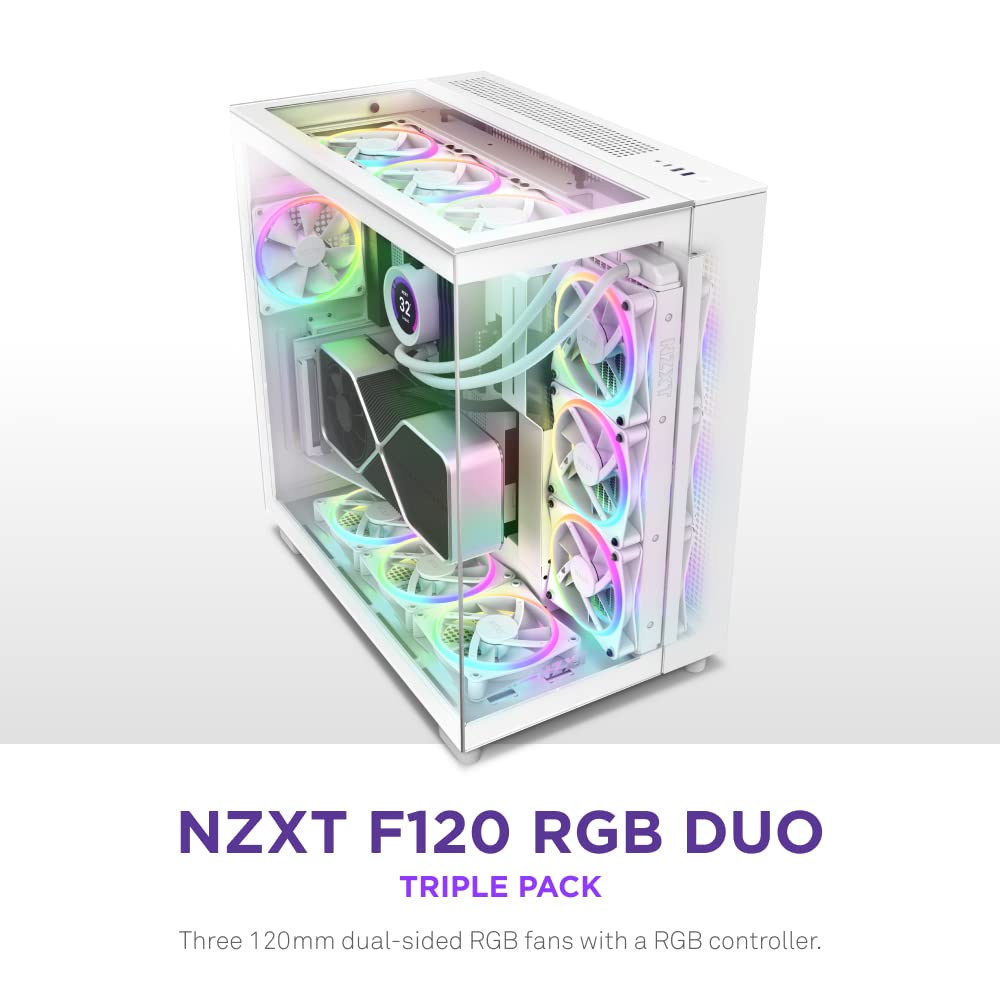 NZXT F120RGB DUO - 120MM DUAL-SIDED RGB FAN - TRIPLE PACK (WHITE) W/RGB CONTROLLER-RF-D12TF-W1 – TechCure India