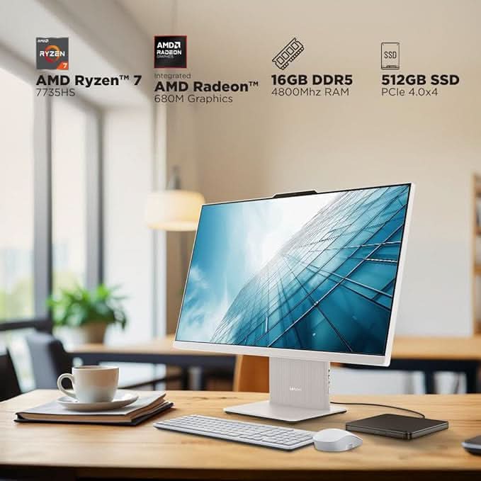 Lenovo Ideacentre AIO AMD Ryzen 7 7735HS 23.8" FHD IPS All-In-One Desktop(16GB RAM/512GB SSD/Win11/Microsoft 365 Basic + Office Home 2024/3Wx2 Speakers/5MP Camera/Wireless Keyboard & Mouse),F0HR008YIN – TechCure India
