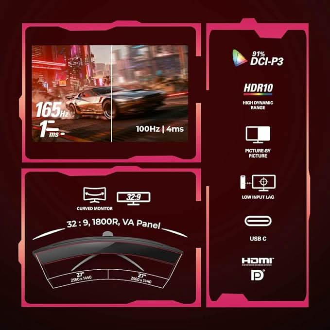 AOC AG493UCX2 48.8 Curved Gaming Monitor - Black | Dual-QHD 5120×1440 (32:9) |165Hz Refresh |1ms MPRT, FreeSync Premium | DisplayHDR400 | USB-C & KVM | UltraWide VA Panel – TechCure India