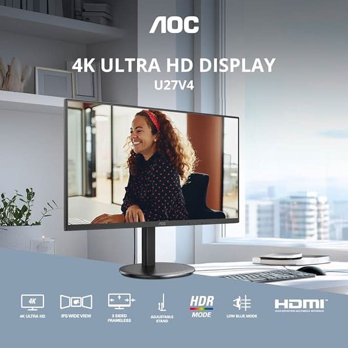 AOC 27 IPS Borderless, 4K - 3840 x 2160, 60 Hz, 350 cd/m², 4 MS, HDMI 2.0 x 2, DP 1.4 x 1, NTSC 107% / sRGB 126%, Earphone x 1. – TechCure India