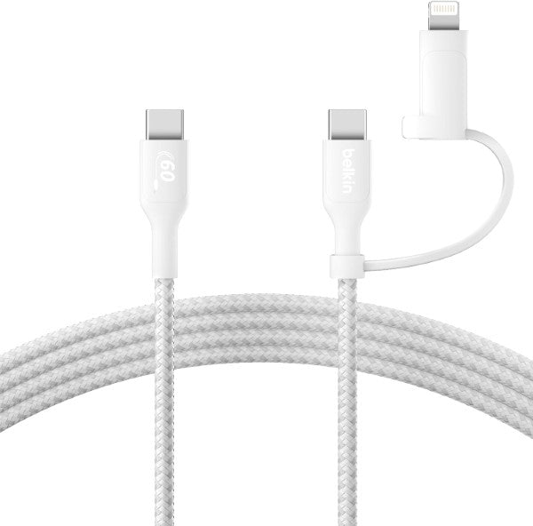 Belkin BoostCharge 2-in-1 USB-C Charging Cable w/USB-C & Lightning Connector - Braided Fast-Charging Cable, Multi-Charging Combo Cord for Apple iPhone, iPad, Samsung, MacBook, & More - White – TechCure India