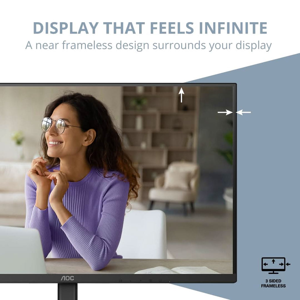 AOC 27 IPS Borderless, 4K - 3840 x 2160, 60 Hz, 350 cd/m², 4 MS, HDMI 2.0 x 2, DP 1.4 x 1, NTSC 107% / sRGB 126%, Earphone x 1. – TechCure India