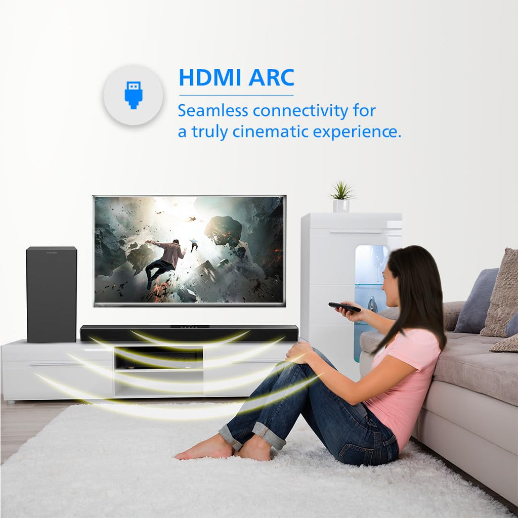 PHILIPS AUDIO TAB4218/94 2.1CH 120W BLUETOOTH SOUNDBAR WITH RICH BASS, 3 EQ MODES, MULTI-CONNECTIVITY OPTION WITH SUPPORTING USB, HDMI(ARC), OPTICAL, COAXIAL & AUX-IN (BLACK) – TechCure India