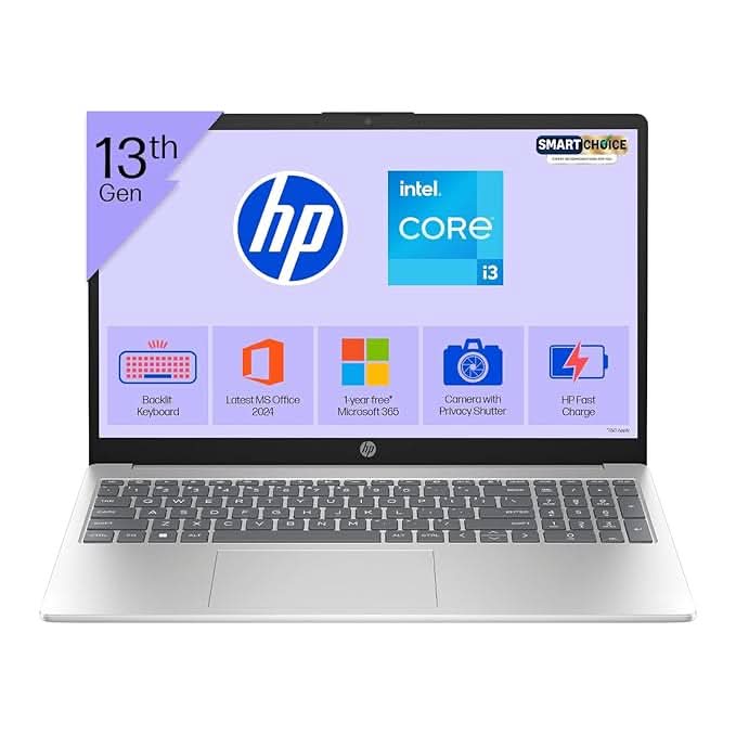 HP 15 Smartchoice, FD0572TU, 13th Gen Intel Core i3-1315U(8GB DDR4,512GB SSD) FHD, Anti-Glare, 15.6 inch, Win11, M365(1yr) x MS Office, 1.59kg, FHD Camera w/Shutter, Backlit Laptop, Silver – TechCure India