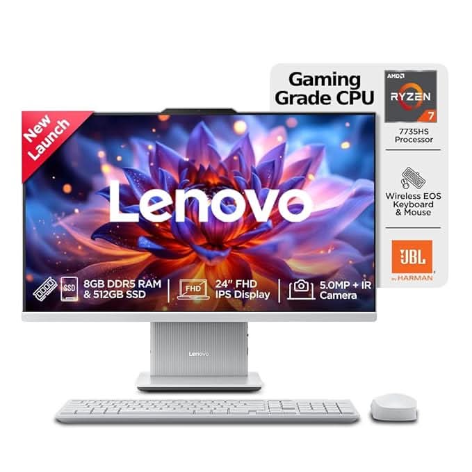Lenovo Ideacentre AIO AMD Ryzen 7 7735HS 23.8" FHD IPS All-In-One Desktop(16GB RAM/512GB SSD/Win11/Microsoft 365 Basic + Office Home 2024/3Wx2 Speakers/5MP Camera/Wireless Keyboard & Mouse),F0HR008YIN – TechCure India