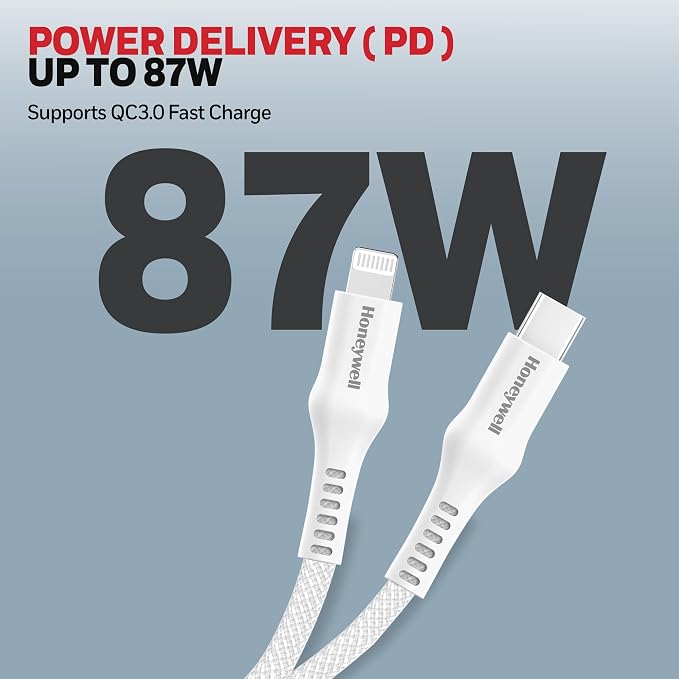 Honeywell Type C to Lightning, 4 Feet (1.2M), Nylon Braided Cable, MFI-certified, QC3.0, PD 87W Support with Max Output 3A, Fast Charge & Sync Cable for iPhone, iPad, AirPods White – TechCure India
