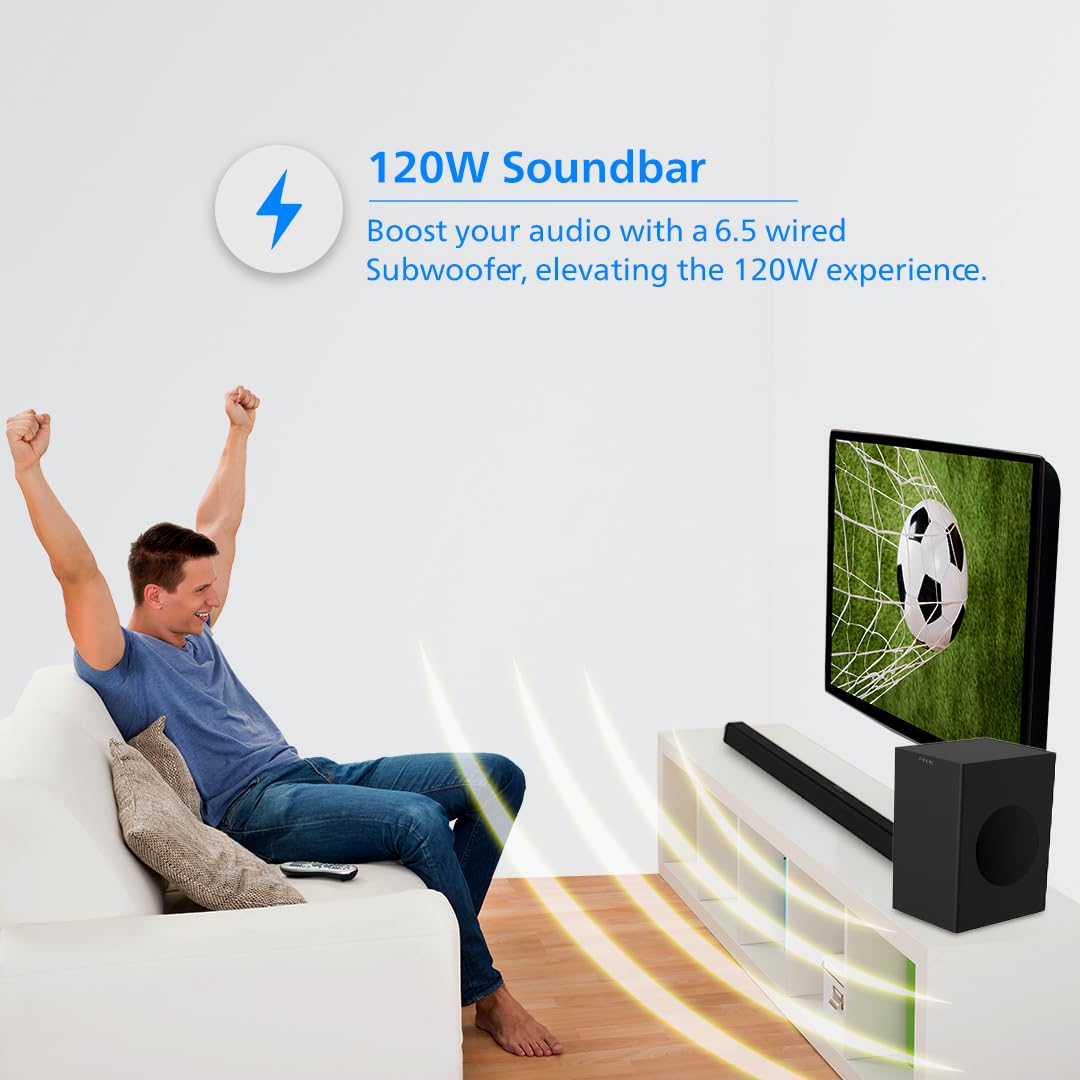 PHILIPS AUDIO TAB4218/94 2.1CH 120W BLUETOOTH SOUNDBAR WITH RICH BASS, 3 EQ MODES, MULTI-CONNECTIVITY OPTION WITH SUPPORTING USB, HDMI(ARC), OPTICAL, COAXIAL & AUX-IN (BLACK) – TechCure India