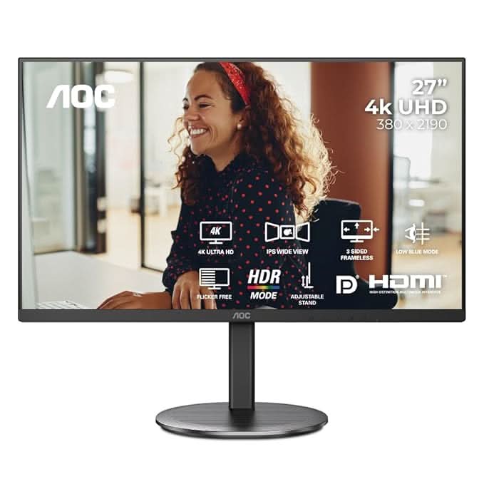 AOC 27 IPS Borderless, 4K - 3840 x 2160, 60 Hz, 350 cd/m², 4 MS, HDMI 2.0 x 2, DP 1.4 x 1, NTSC 107% / sRGB 126%, Earphone x 1. – TechCure India