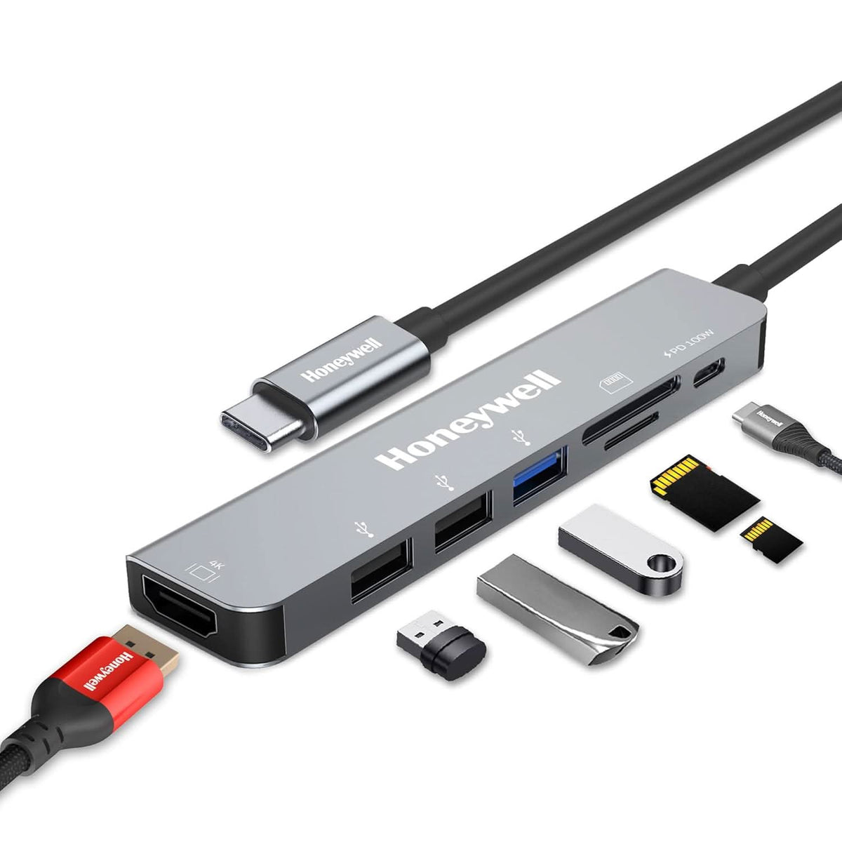 HONEYWELL NEWLY LAUNCHED 7-IN-1 TYPEC DOCKING STATION WITH 4K HDMI,1XUSB 3.0,2XUSB 2.0 & TYPEC 3.0 PD CHARGING 100W PORT, SD & MICRO SD SLOT, FOR ALL TYPE C DEVICES- MACBOOK LAPTOP, PC, THUNDERBOLT 3 – TechCure India