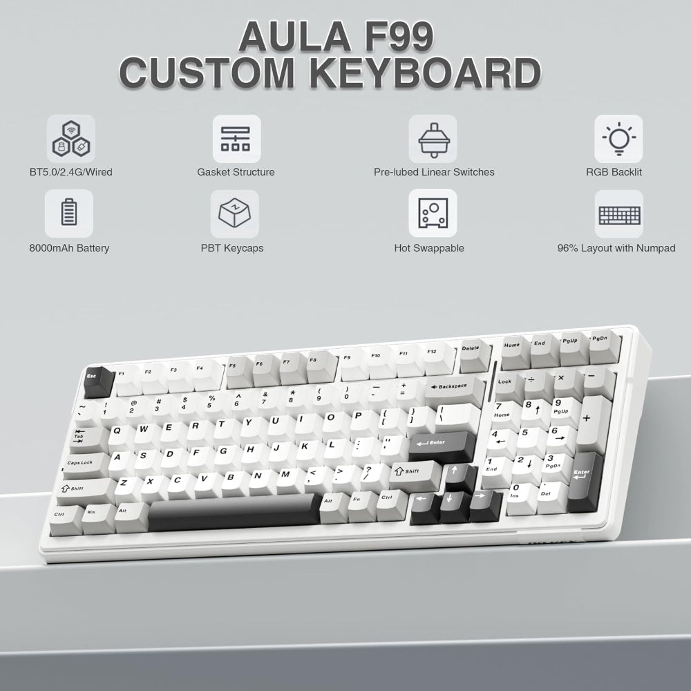 AULA F99 96% Wireless Mechanical Gaming Keyboard ( Graywood Switch ) ( Gray / White ) ( F99GrWW ) - 6