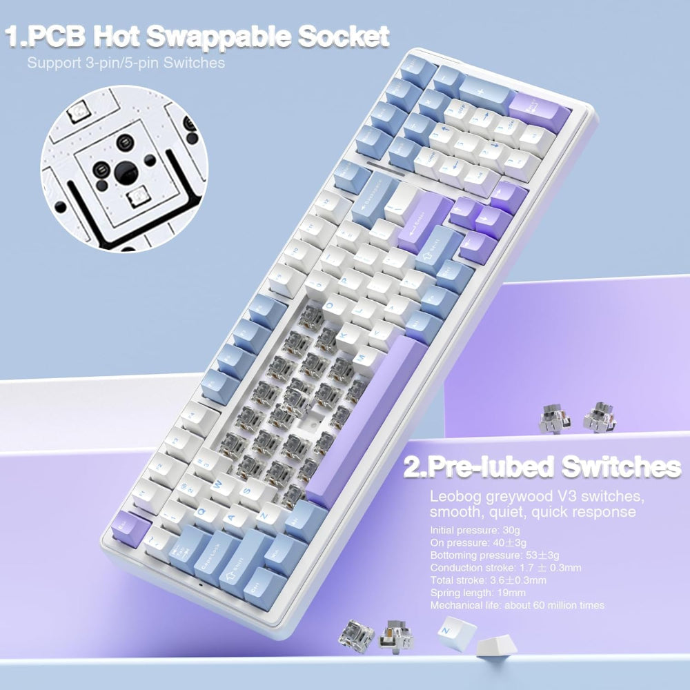 AULA F99 96% Wireless Mechanical Gaming Keyboard ( Graywood Switch ) ( White / Blue ) ( F99UWW ) - 4