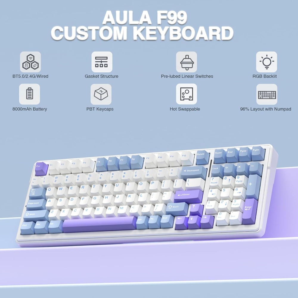AULA F99 96% Wireless Mechanical Gaming Keyboard ( Graywood Switch ) ( White / Blue ) ( F99UWW ) - 6