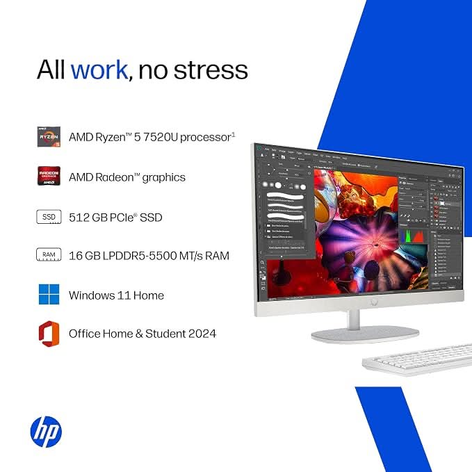 HP 24-cr0271in All-in-One , AMD Ryzen 5 7520U, 16GB RAM LPDDR5, 512GB SSD, IPS, Three-Sided, Micro-Edge, Anti-Glare, FHD, 23.8 inch, Win 11 Home, Office 24, 5.27kg, FHD IR Camera, 1 Year Warranty – TechCure India
