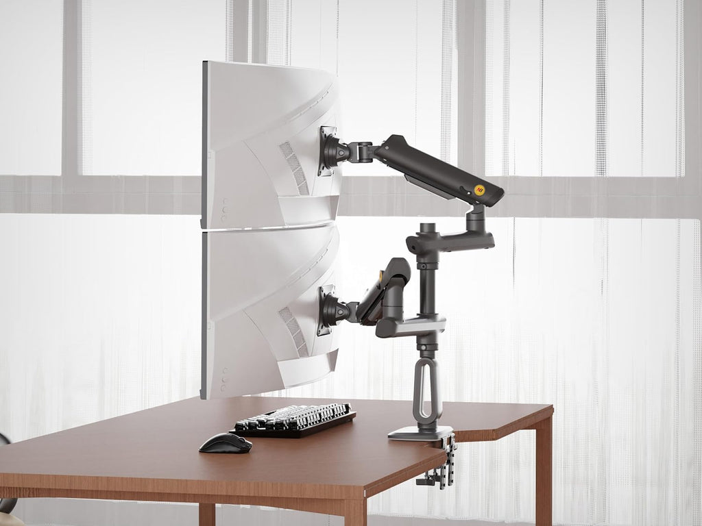 NB Ergonomic Dual Monitor Arm for 27–50 inch Screens, Gas Spring, Horizontal or Vertical Stacking