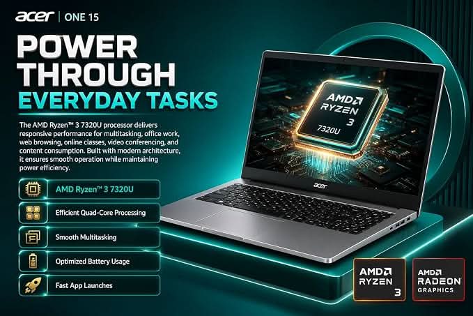 Acer One 15 Smart Laptop AO15-41M-G2, AMD Ryzen 3 7320U, AMD Radeon 610M Graphics, 8GB LPDDR5 RAM, 256GB NVMe SSD, 15.6 inch FHD Display, Windows 11 Home, Silver – TechCure India